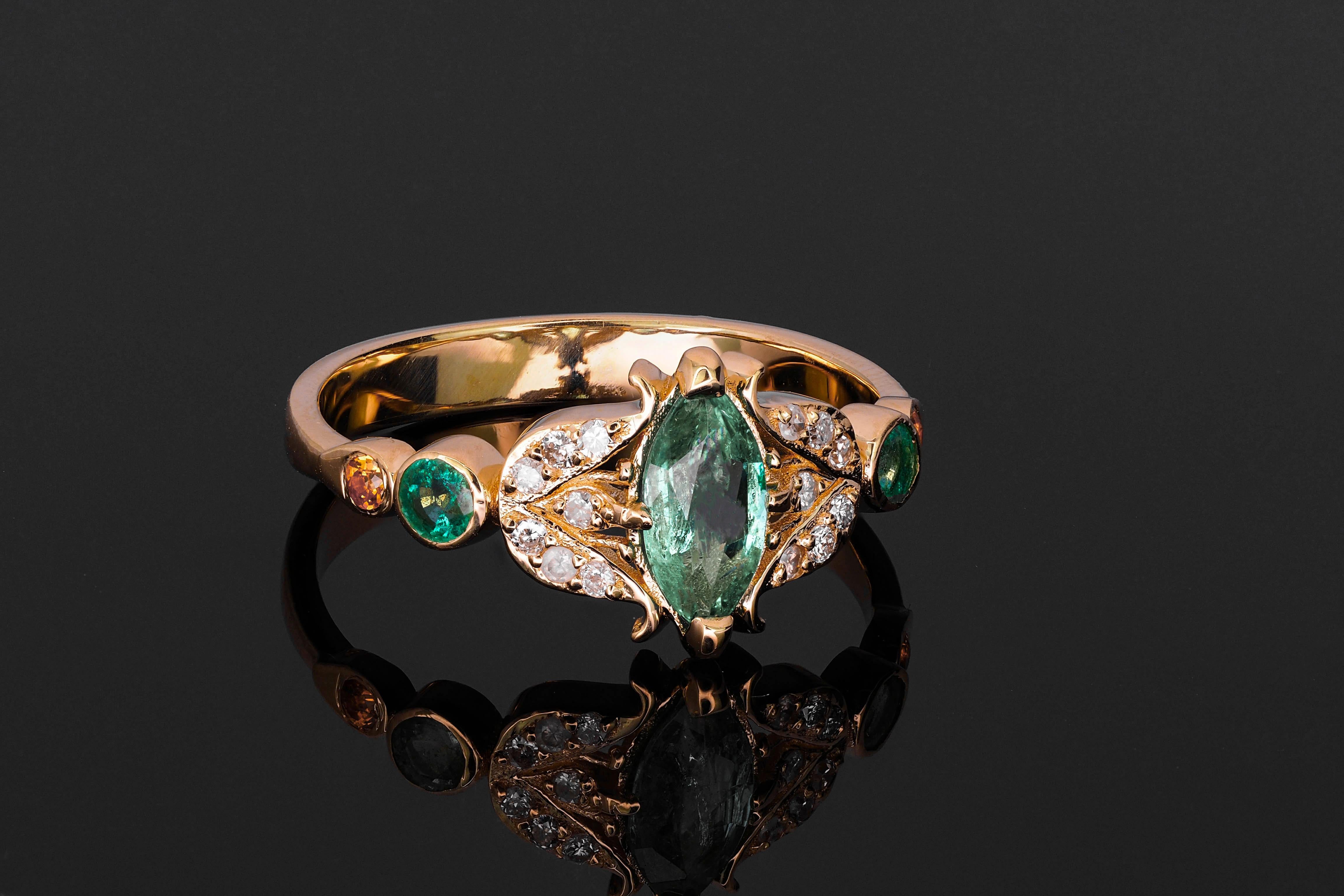 Vintage style ring with emerald in 14k gold In New Condition For Sale In Istanbul, TR