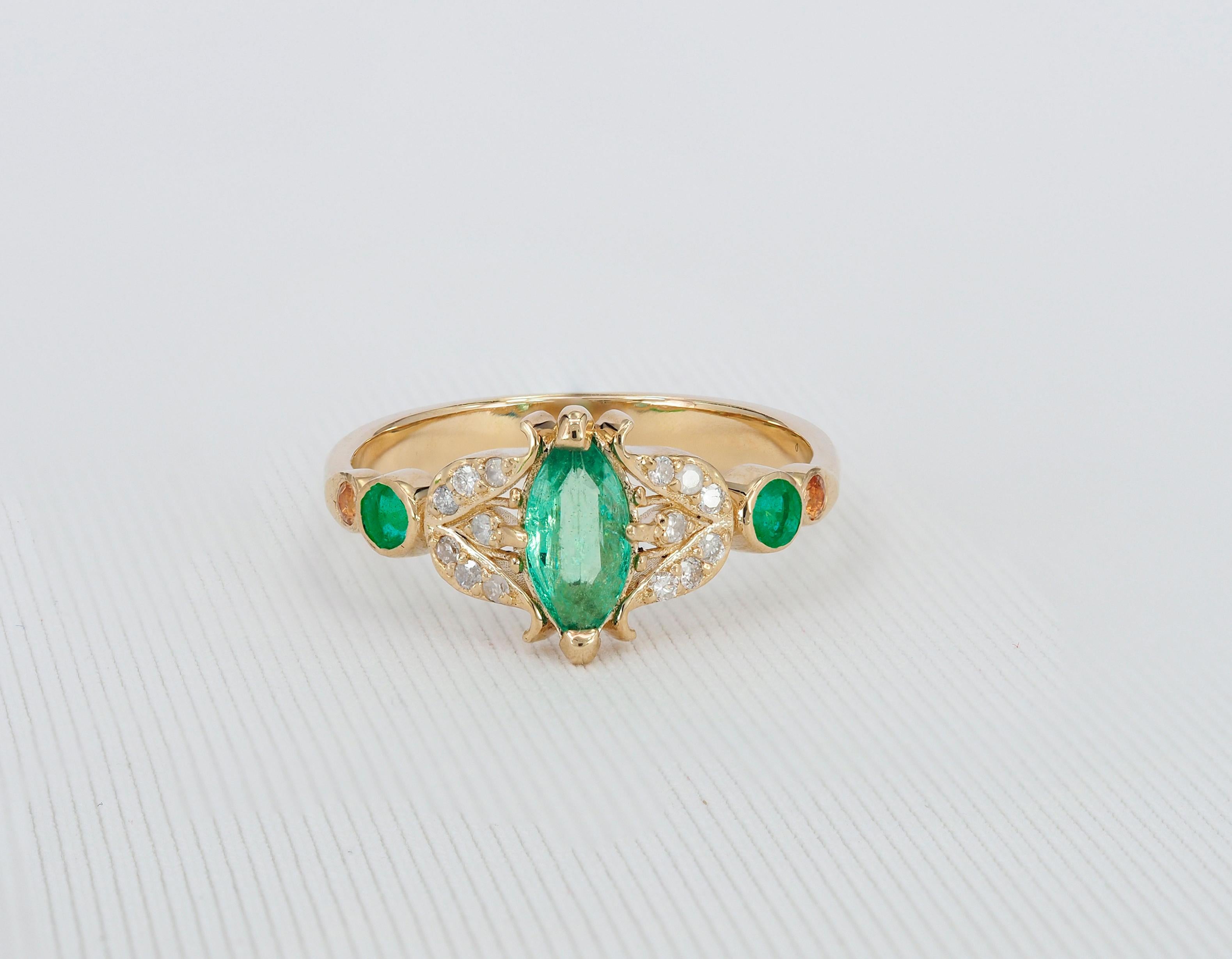 Vintage style ring with emerald in 14k gold For Sale 3