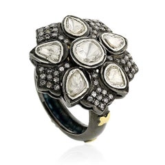 Vintage Style Ring with Rose Cut Diamonds Surrounded by Pave Diamonds