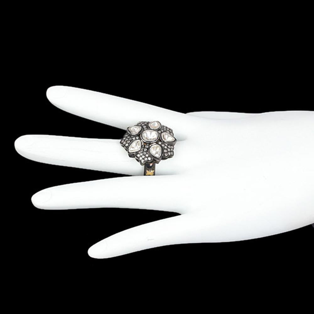 Vintage Style Ring with Rose Cut Diamonds Surrounded by Pave Diamonds In New Condition For Sale In New York, NY