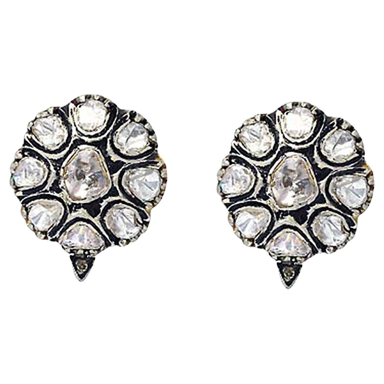 Vintage-Style Rose Cut Diamond Floral Stud Earrings In 14k Yellow Gold For Sale