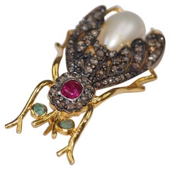Vintage style Rose cut Diamond Sterling silver ruby emerald Pearl Bee Brooch pin