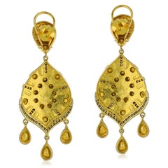 Vintage Style Rose-Cut Polki Dangle Earrings With Emerald In 14k Gold & Silver