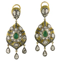 Vintage Style Rose-Cut Polki Dangle Earrings With Emerald In 14k Gold & Silver