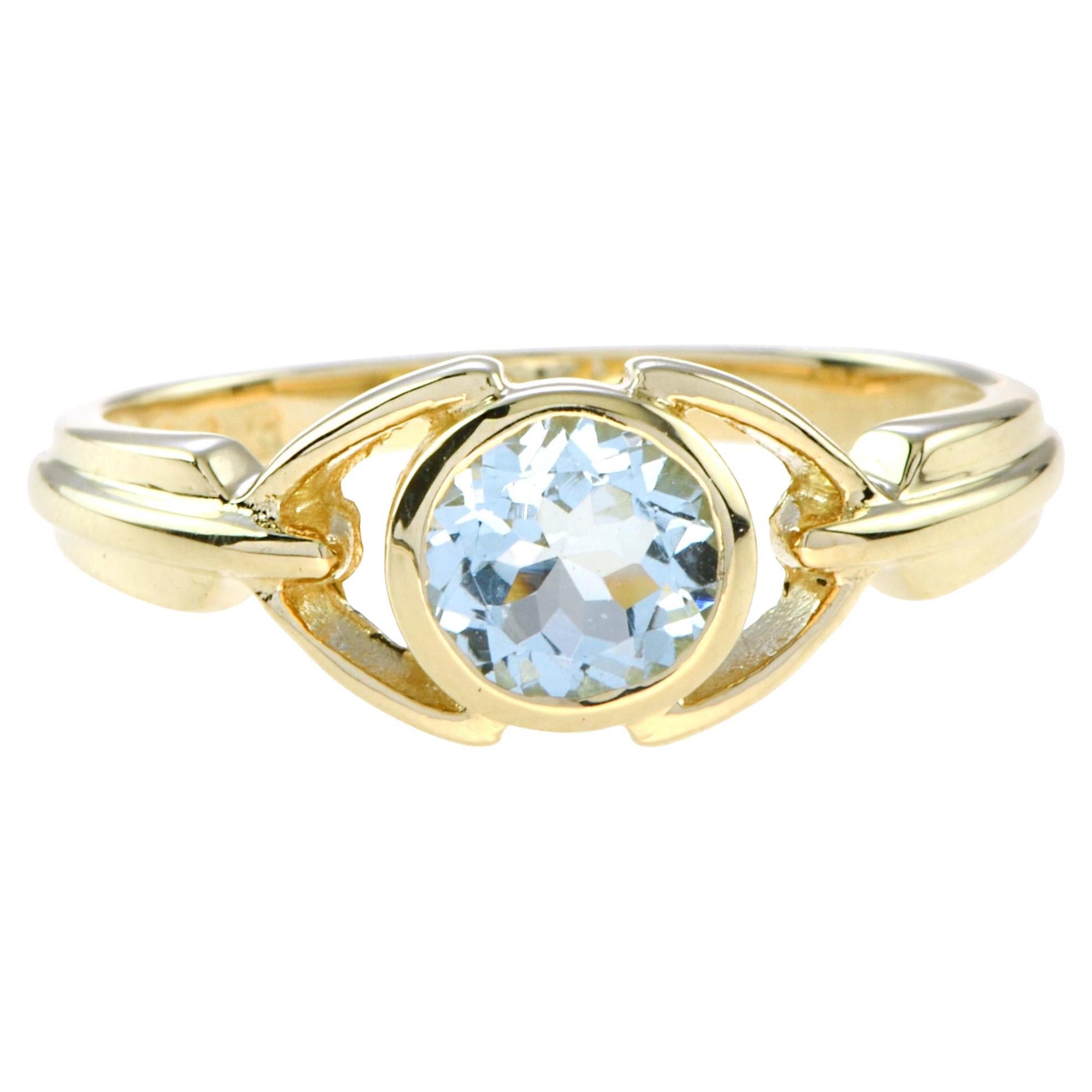 Vintage Style Round Blue Aquamarine Bezel Set 14K Yellow Gold Ring