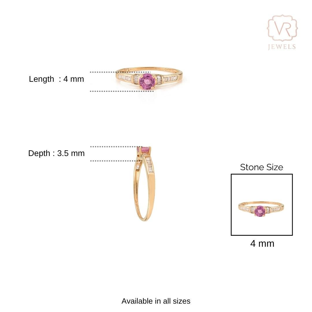 Im Angebot: Vintage-Stil Rundschliff Pink Saphir & Baguette Diamant Ring in 14K Gelbgold () 14