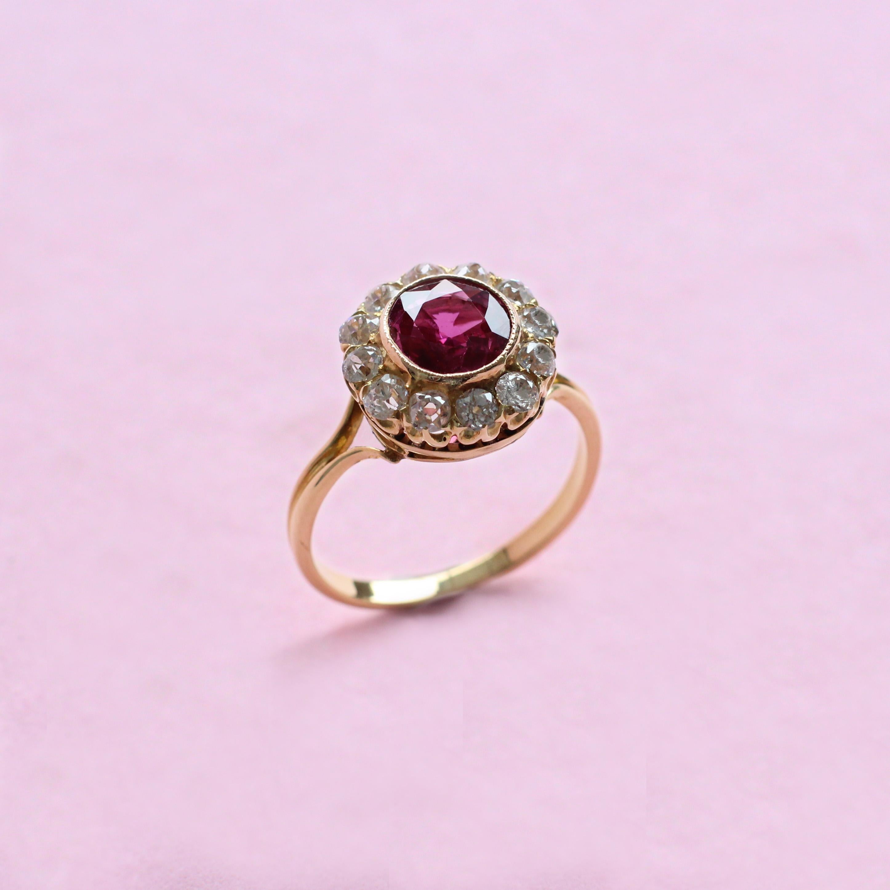 Victorian Vintage Style Ruby and Diamond Cluster Ring For Sale