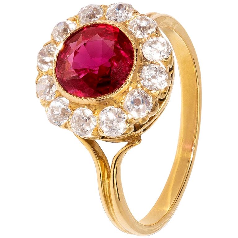 Vintage Style Ruby and Diamond Cluster Ring For Sale