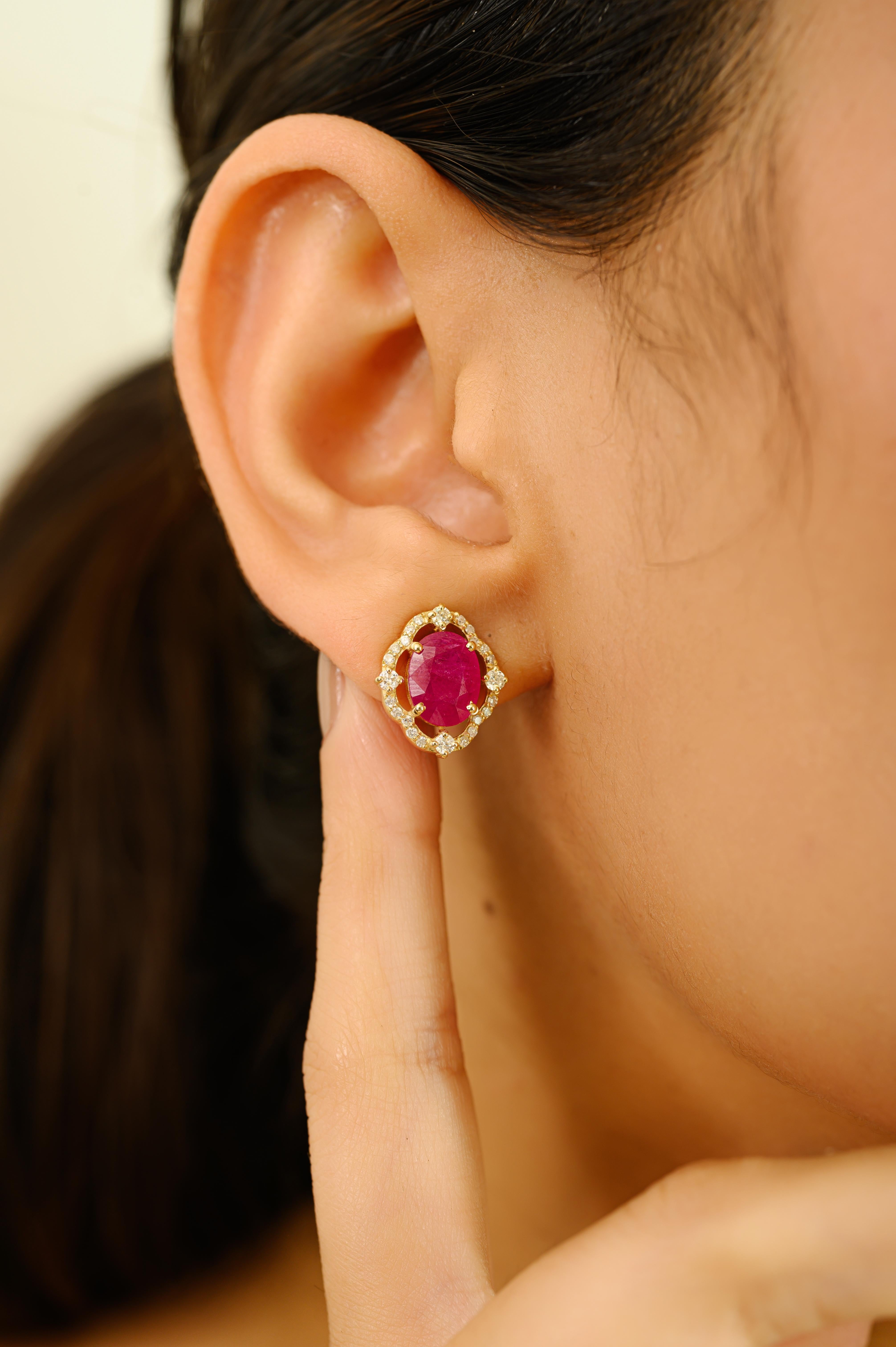 Oval Cut Vintage-Style Ruby and Halo Diamond 14k Yellow Gold Stud Earrings for Women For Sale