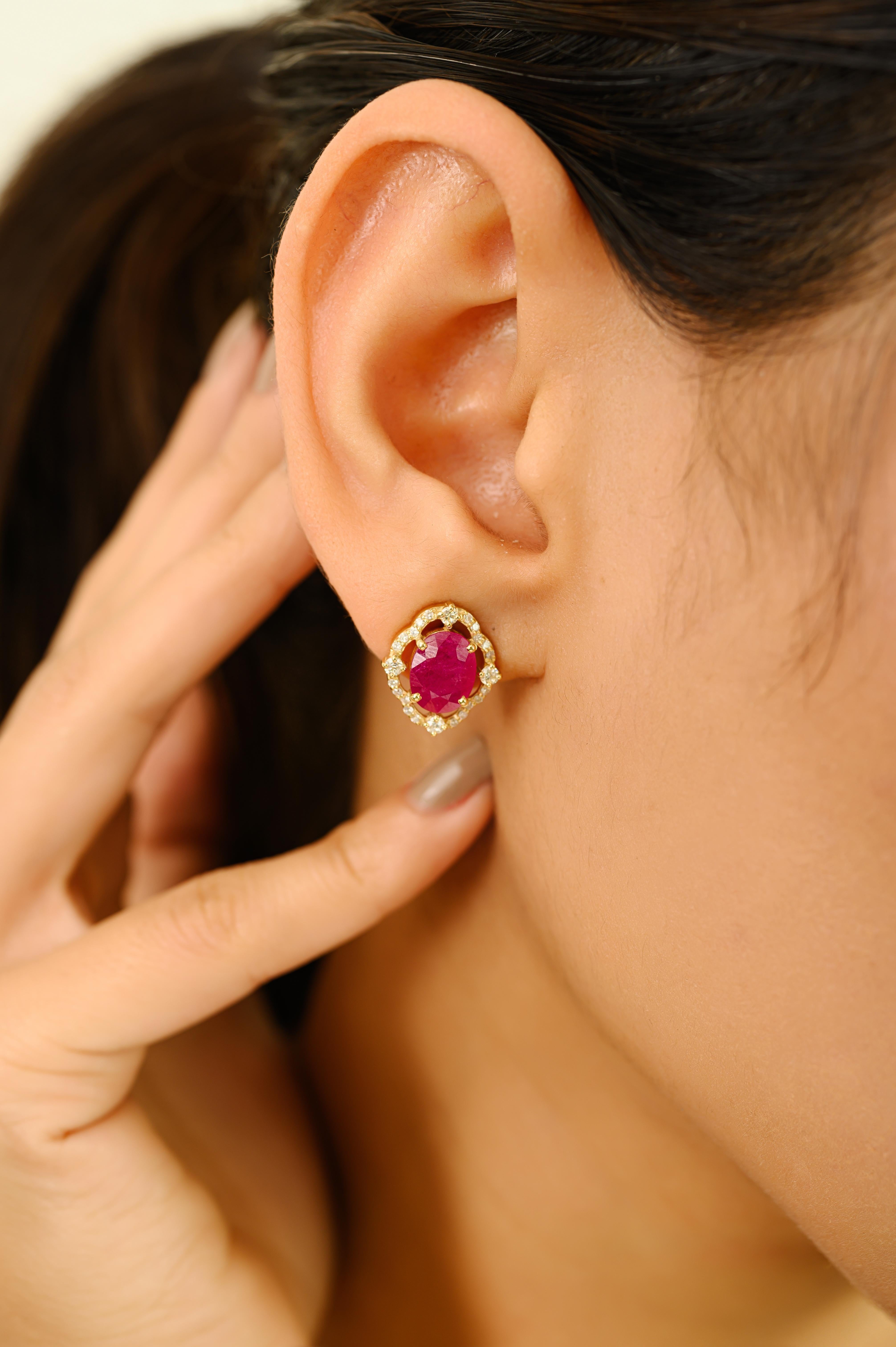 Women's Vintage-Style Ruby and Halo Diamond 14k Yellow Gold Stud Earrings for Women For Sale