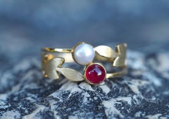 Vintage Style Ruby and pearl Silver, Gold ring