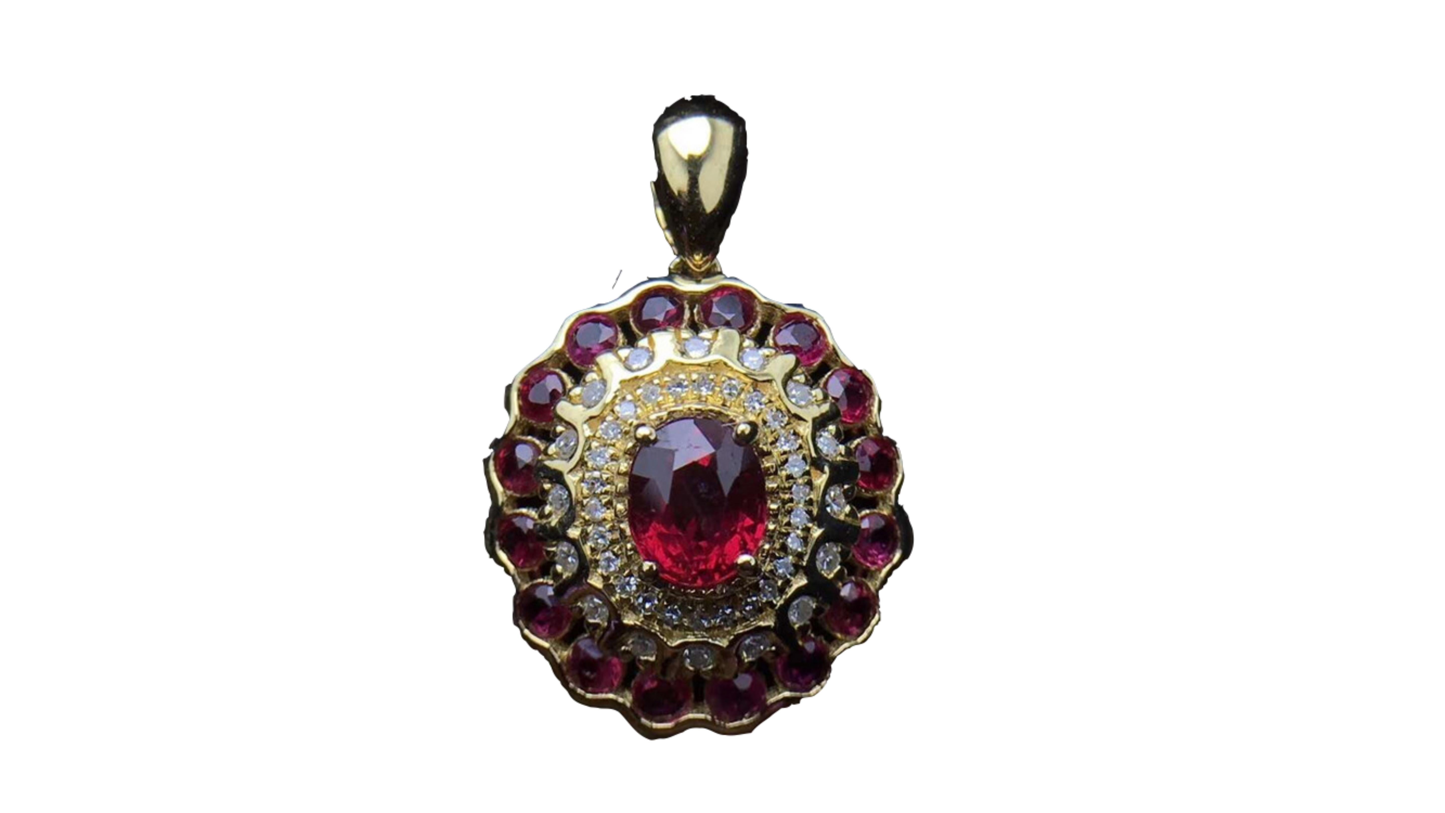 

This Vintage Style Ruby Pendant with 49 Diamonds stands out in the 18 Karat Yellow Gold .  16 Ruby Stones surround the centre Ruby with the 2 rows of diamonds too. 

Also we can have any made for you if you have idea on what would like too. 

