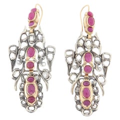 Vintage Style Ruby & Natural Diamond 14K Yellow Gold & Silver Drop Earrings