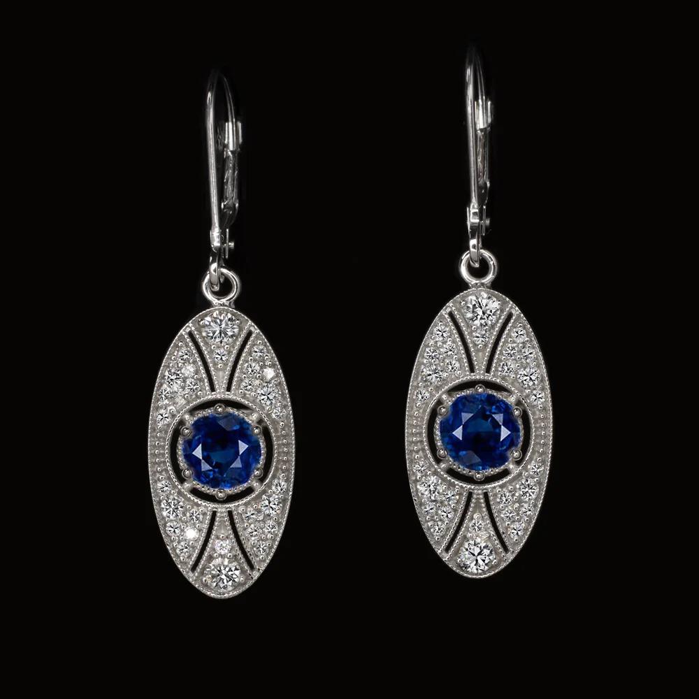 Oval Cut Vintage Style Sapphire and Diamond Earrings For Sale