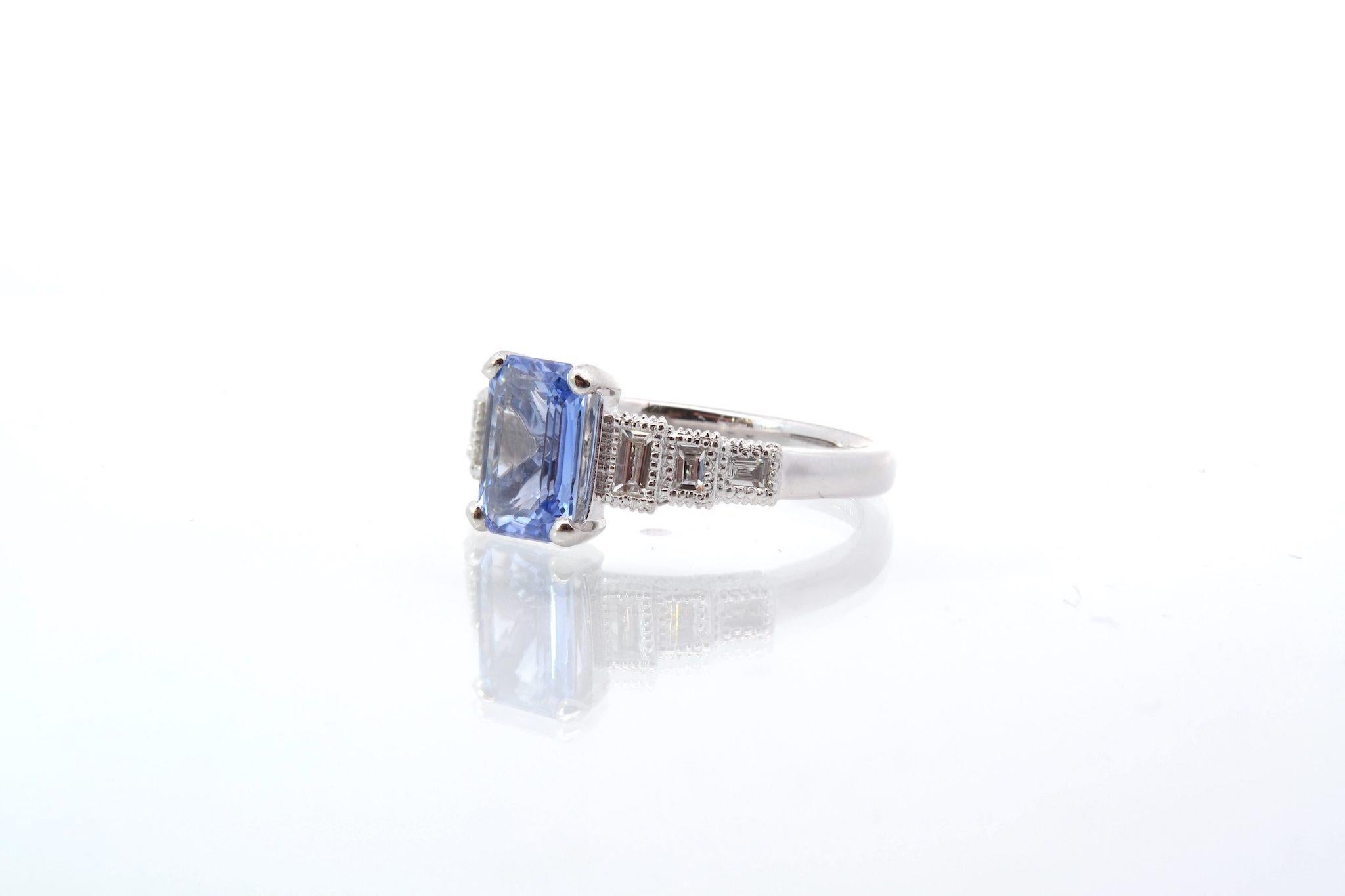 Emerald Cut Vintage style sapphire and diamonds ring For Sale
