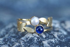 Vintage Style Sapphire and pearl Silver, Gold ring