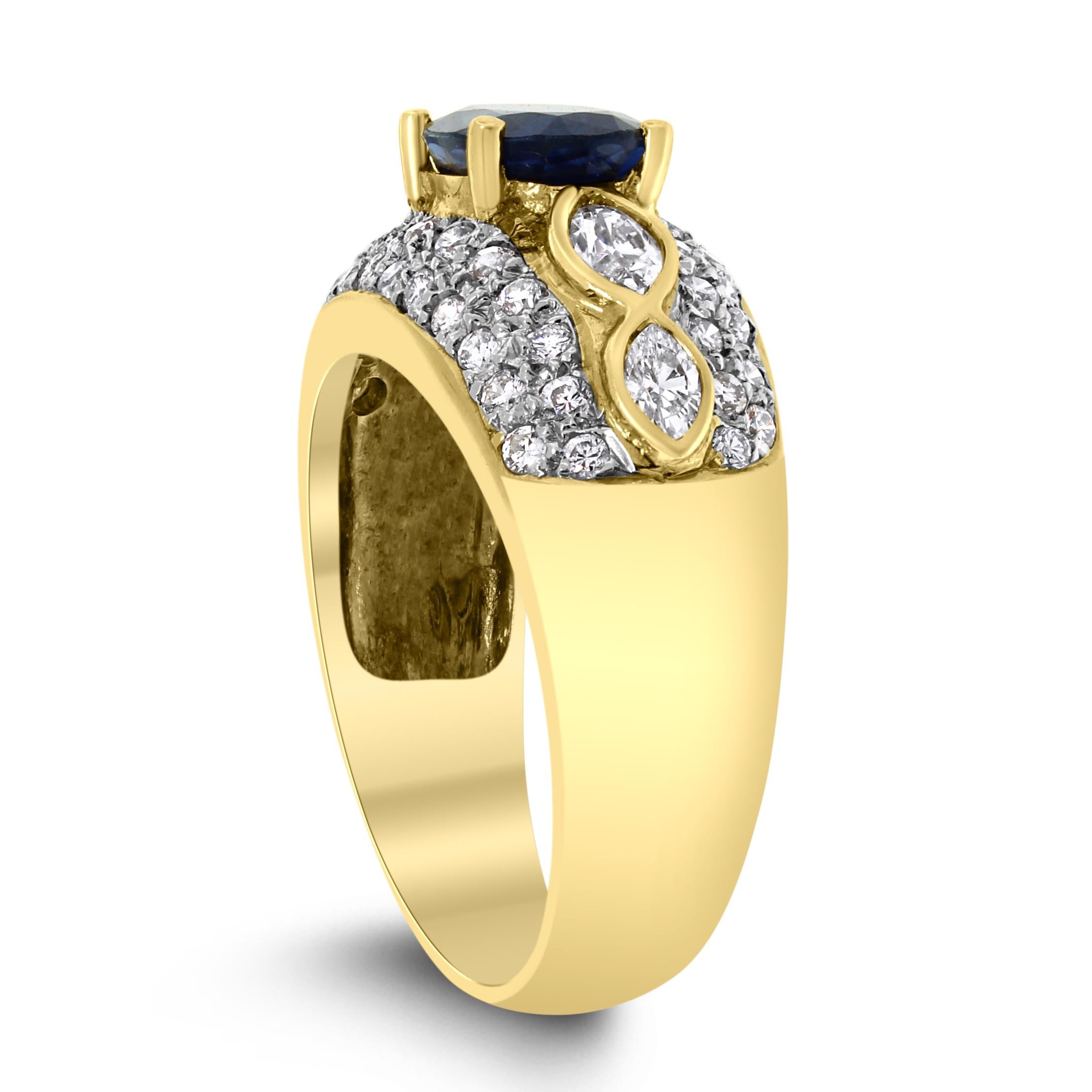 Sapphire & Diamonds set in yellow gold, this ring is unique, classic and stylish simultaneously.  

Gemstones Type: Sapphire 
Gemstones Shape: Oval 
Gemstones Weight: 1.52 ct 
Gemstones Color: Blue 

Diamonds Shape: Round & Marquise 
Side Diamonds