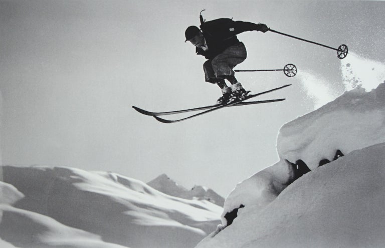 Vintage Style Ski Photography, Framed Alpine Ski Photograph, Courageous Jump For Sale 3