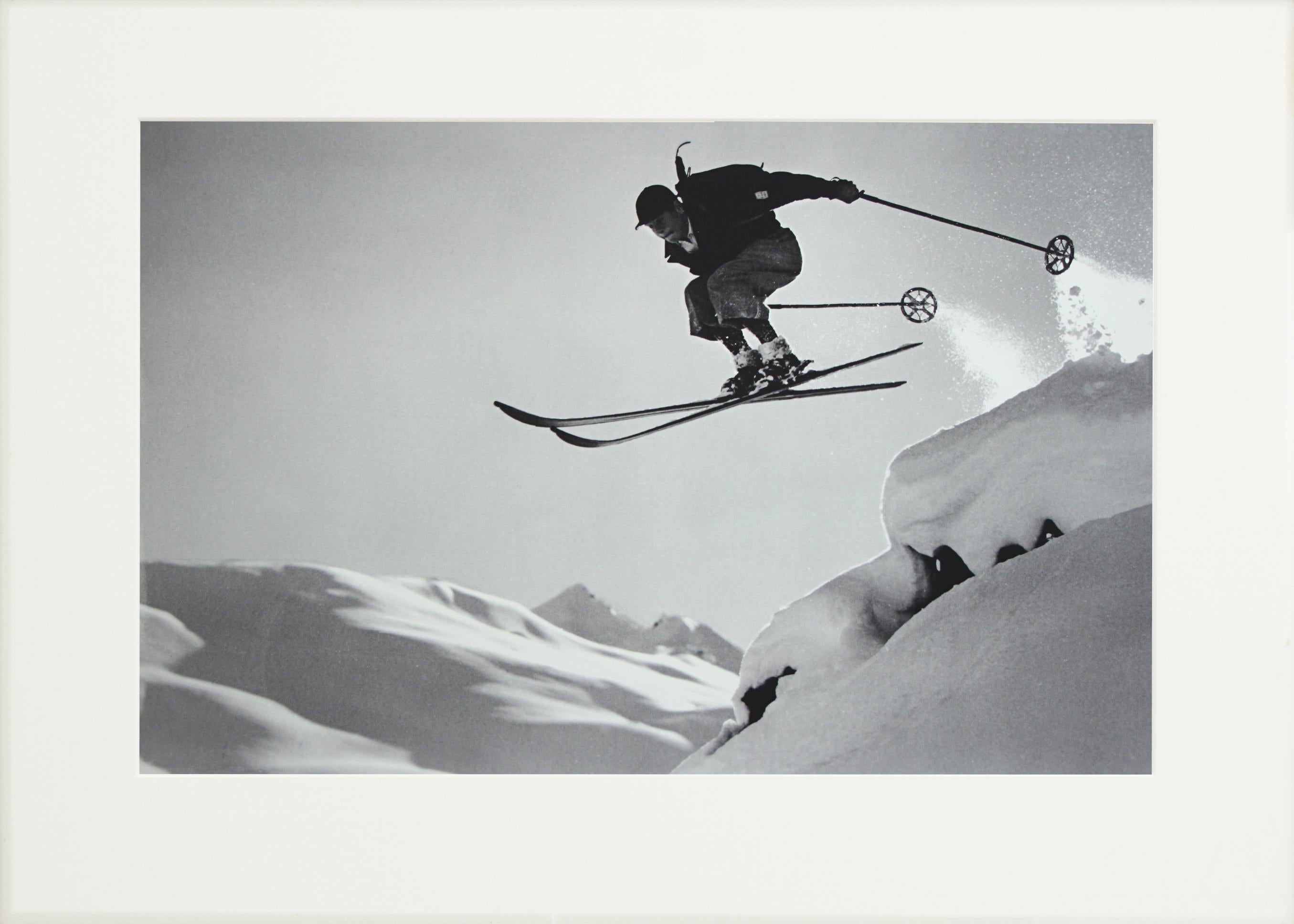 British Vintage Style Ski Photography, Framed Alpine Ski Photograph, Courageous Jump For Sale