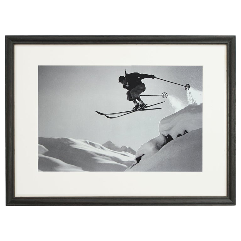 Vintage Style Ski Photography, Framed Alpine Ski Photograph, Courageous Jump For Sale
