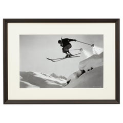 Vintage Style Ski Photography, Framed Alpine Ski Photograph, Courageous Jump