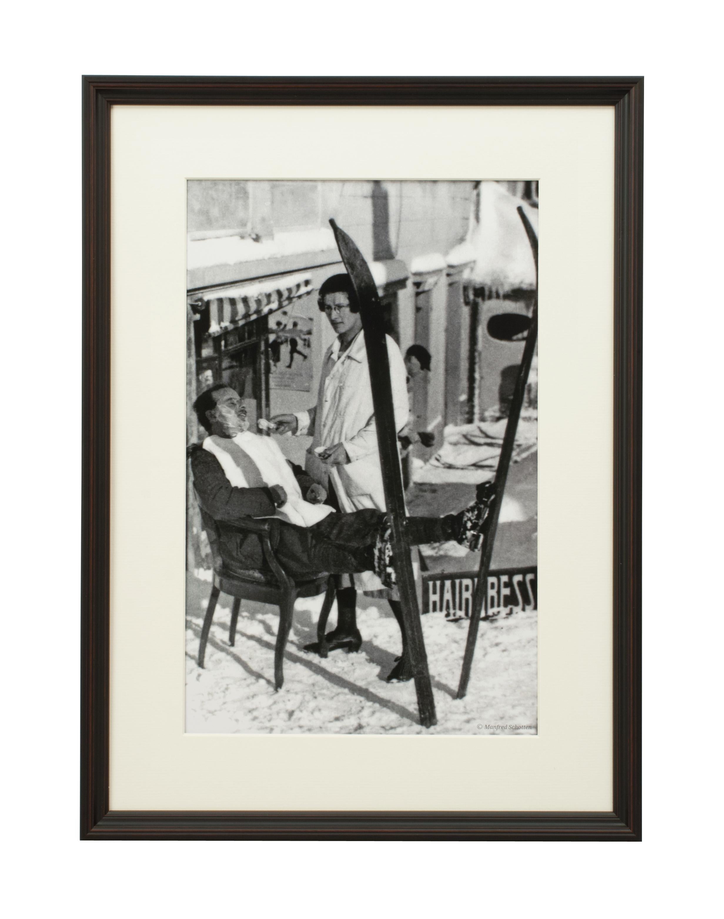 Vintage style Ski Photography, framed Alpine Ski Photograph, Haircut Sir.
'HAIRCUT SIR', a modern framed and mounted black and white photographic image after an original 1930s skiing photograph. The frame is a hand coloured reeded wooden black