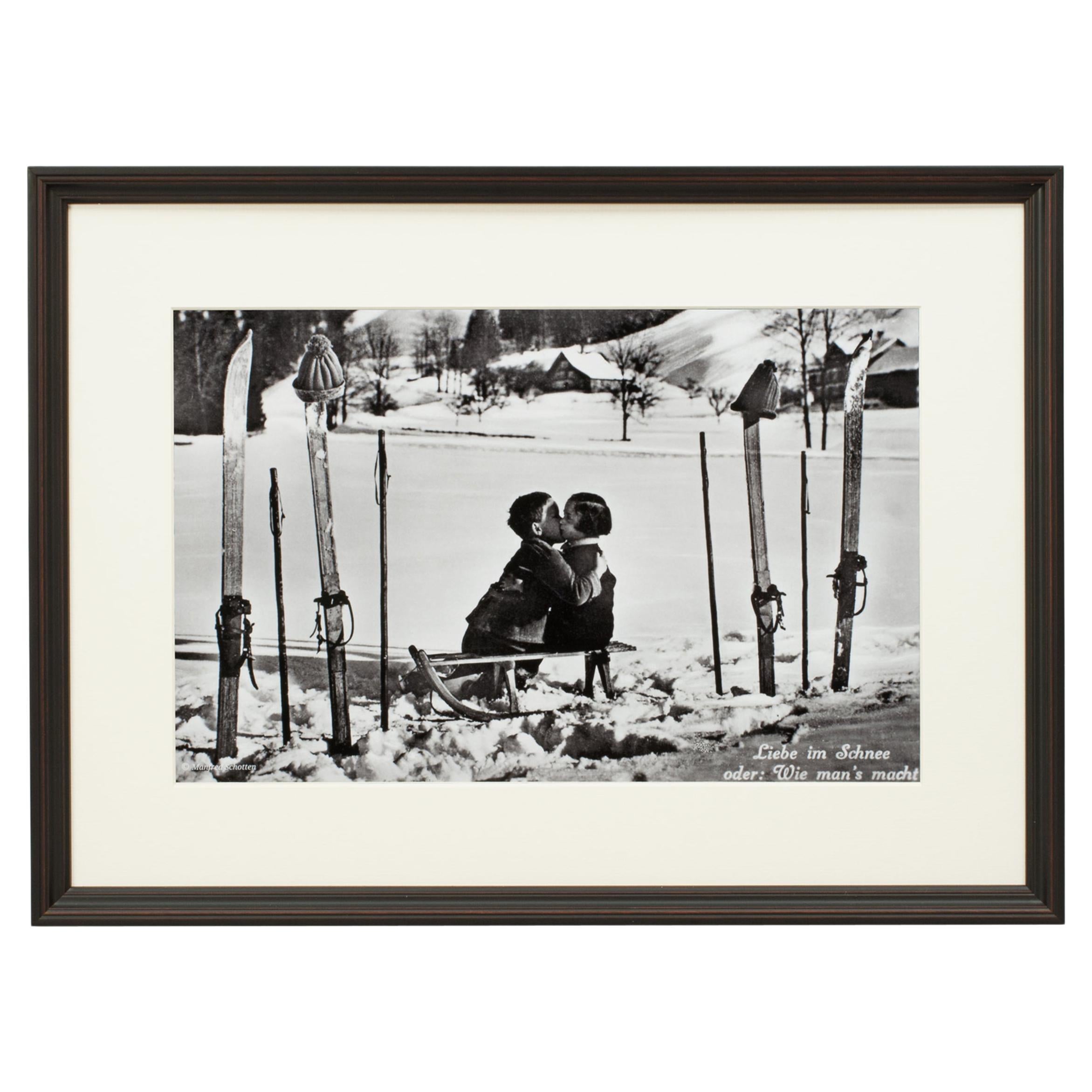 Vintage Style Ski Photography, Framed Alpine Ski Photograph, Liebe Im Schnee