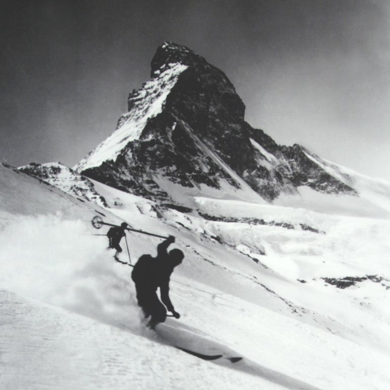 Vintage Style Ski Photography, Framed Alpine Ski Photograph, Matterhorn & Skiers For Sale 3