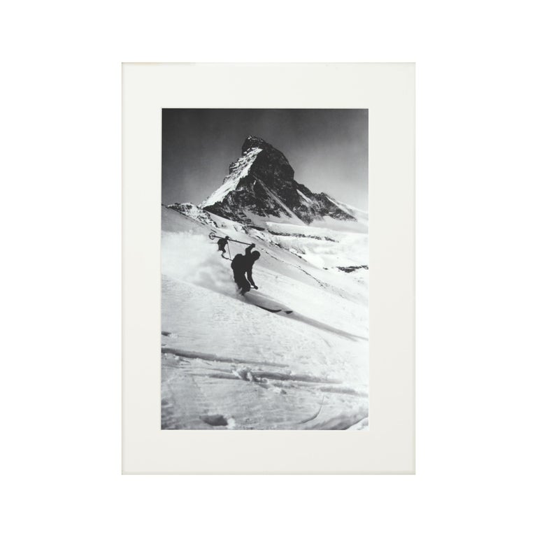 Paper Vintage Style Ski Photography, Framed Alpine Ski Photograph, Matterhorn & Skiers For Sale
