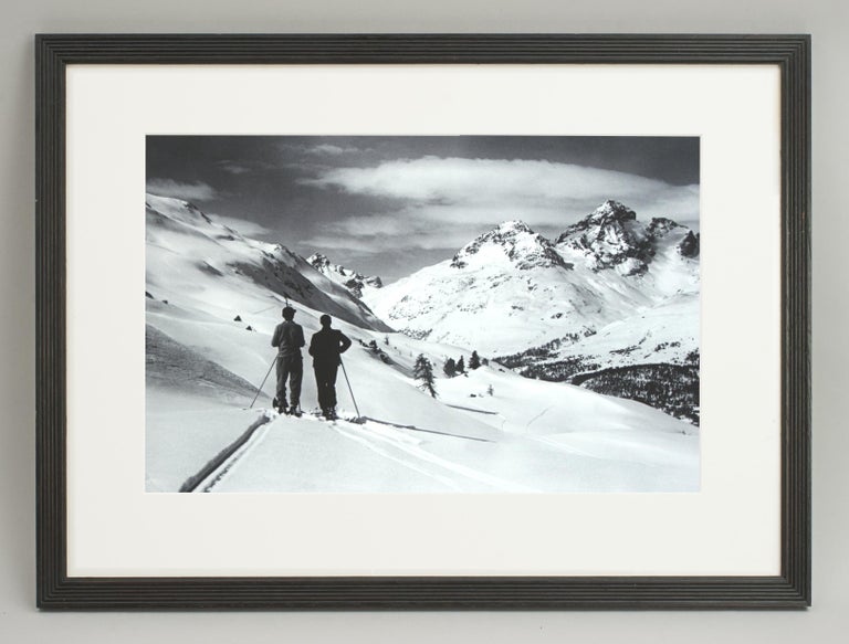 Vintage style Ski Photography, framed Alpine Ski Photograph, Panoramic view.
'PANORAMIC VIEW', a framed and mounted black and white photographic image after an original 1930s skiing photograph. The frame is a hand coloured reeded wooden black