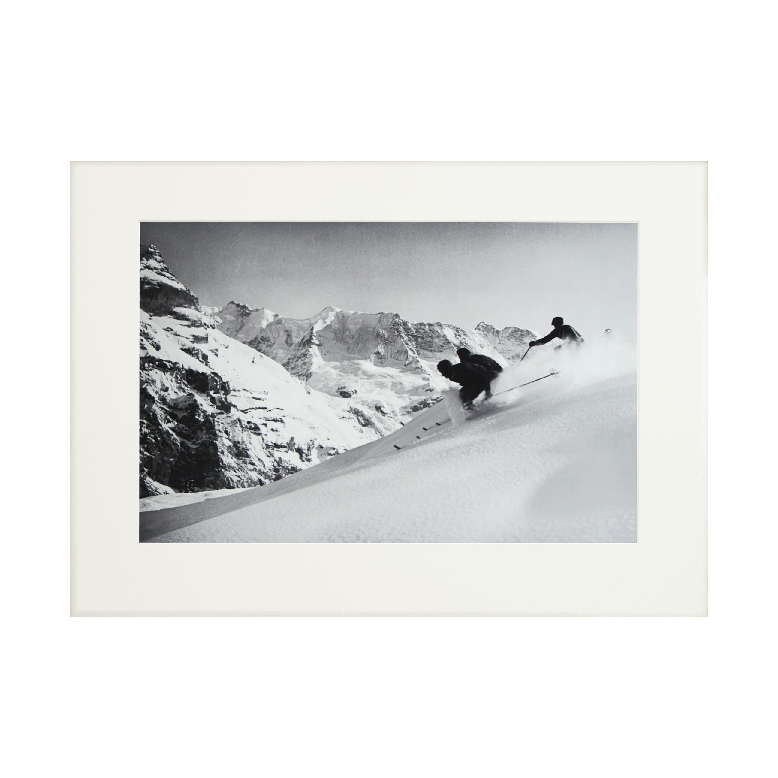 Paper Vintage Style Ski Photography, Framed Alpine Ski Photograph, 'SCHUSS' Murren For Sale