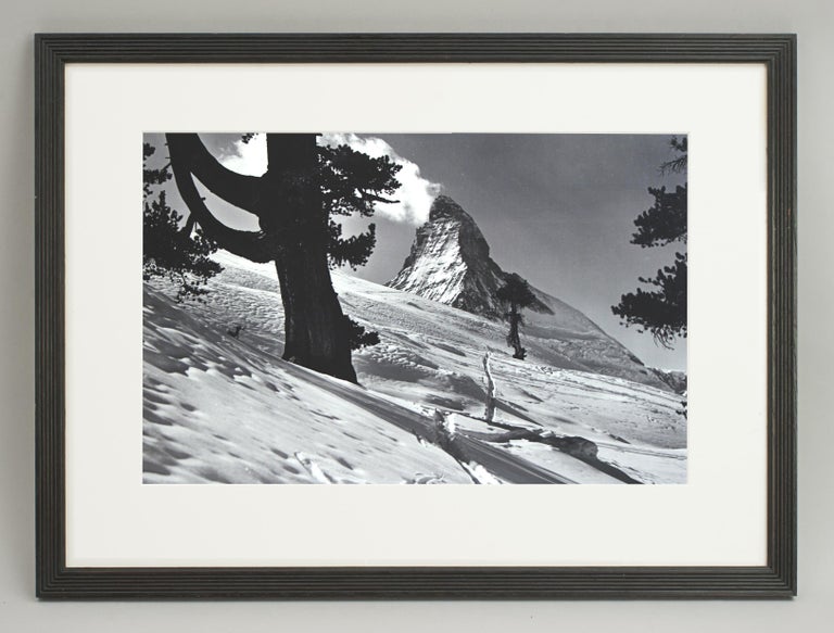 Vintage style Ski photography, framed Alpine Ski photograph, Zermatt, Riffelalp, Matterhorn.
'MATTERHORN', a framed and mounted black and white photographic image after an original 1930s skiing photograph. The frame is a hand colored reeded wooden
