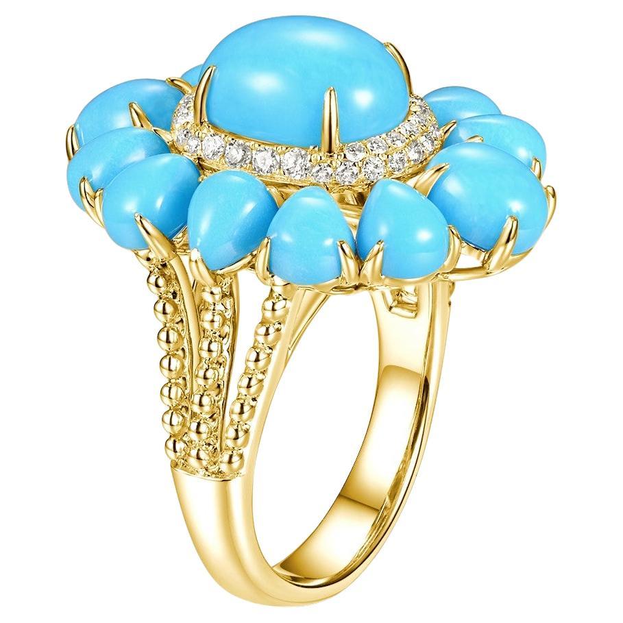 This exquisite ring evokes the beauty of a clear sky with its stunning array of turquoise set in a sunburst pattern, centered around a substantial 2.322-carat turquoise cabochon. The central stone is encircled by 12 additional turquoise gems