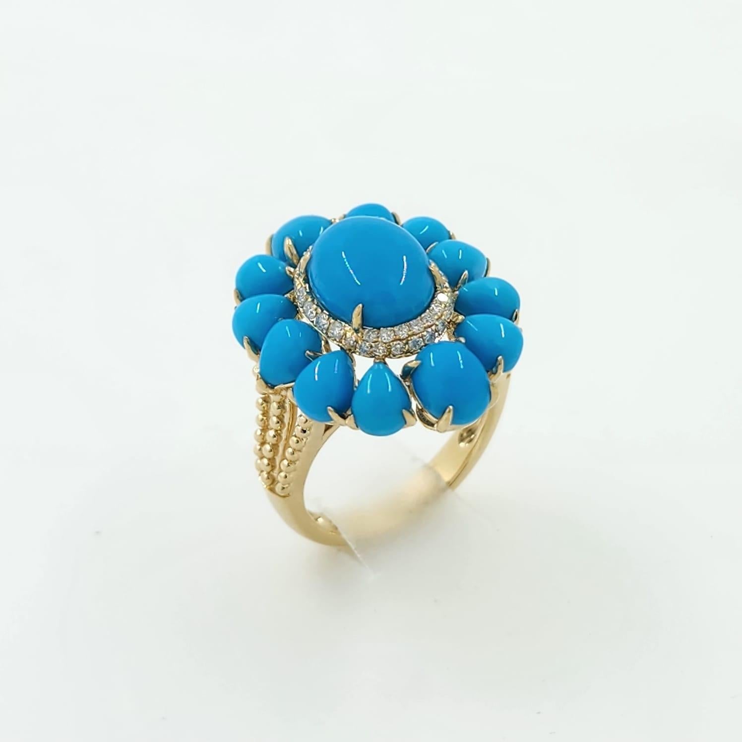 Cabochon Vintage Style Sleeping Beauty Turquoise Ring in 14 Karat White and Yellow Gold For Sale