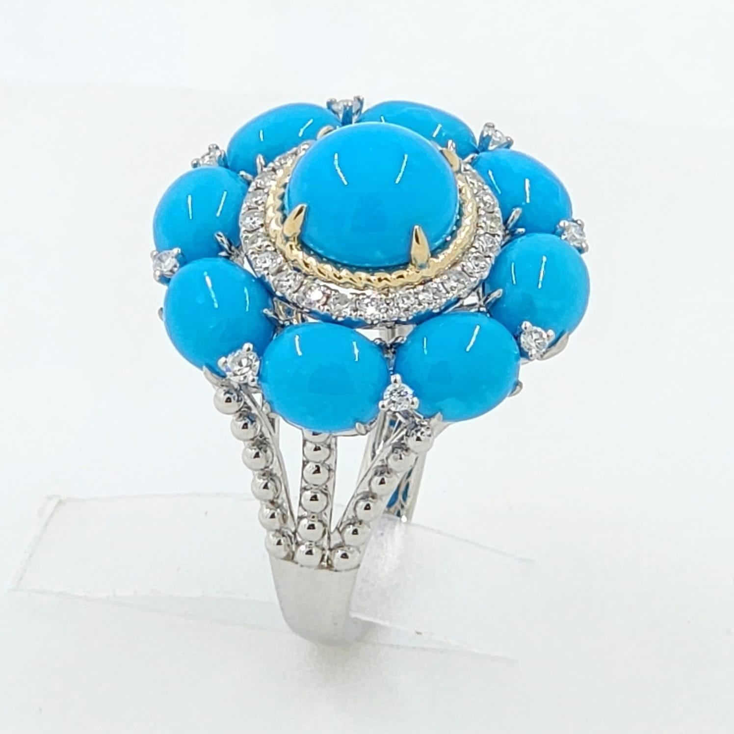 Vintage Style Sleeping Beauty Turquoise Ring in 14 Karat White and Yellow Gold For Sale 1