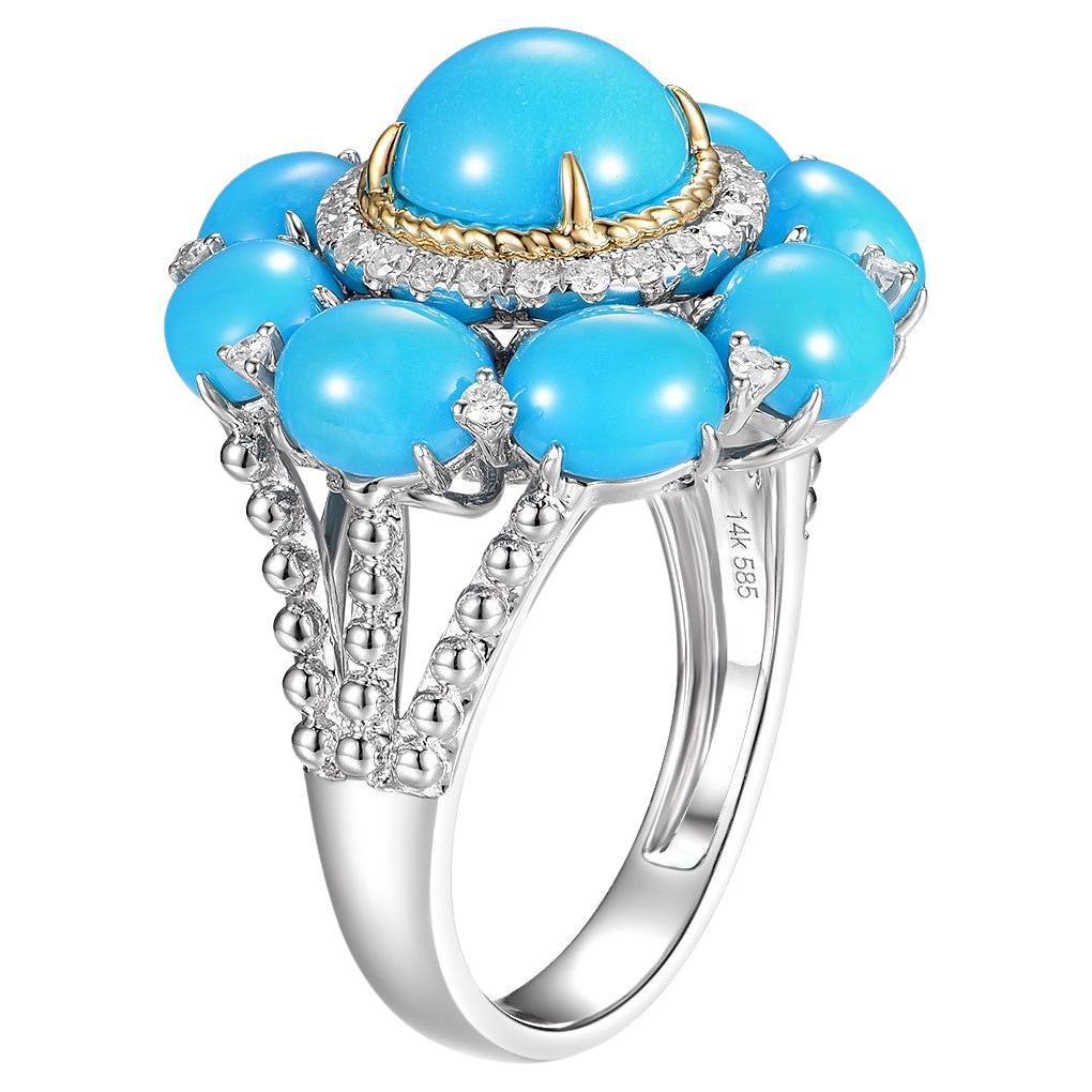 Türkis-Ring im Vintage-Stil der schlafenden Schönheit aus 14 Karat Weiß- und Gelbgold