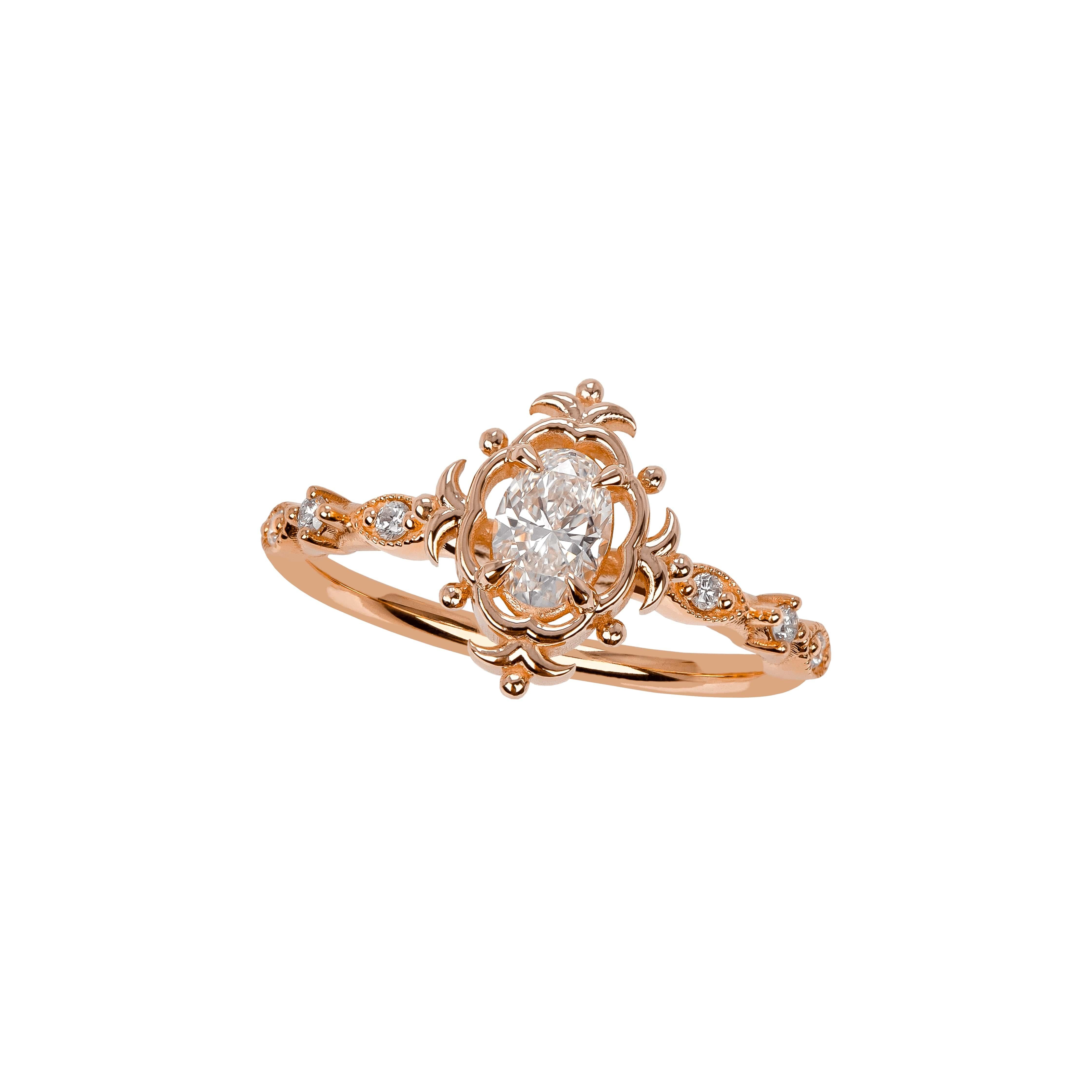 Anello con diamante dal design vintage, anello di fidanzamento/anello solitario, anello nuziale

Metallo: Oro giallo 14k
Forma del diamante: Taglio ovale
Pietra principale: 0,50 Ct - Colore F, purezza VS, certificato HRD
Pietre laterali: 0,06 carati