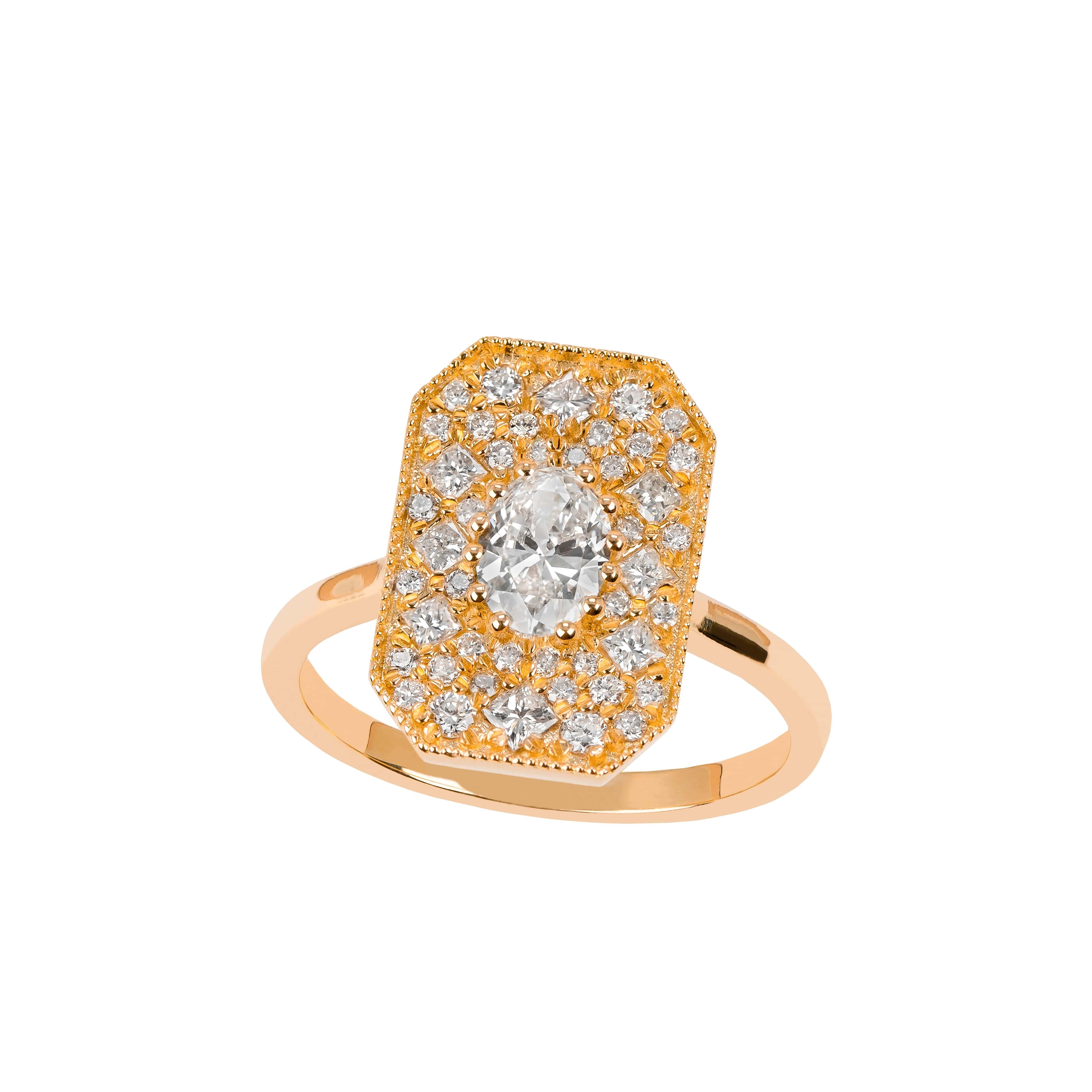Anello con diamante dal design vintage, anello di fidanzamento/anello solitario, anello nuziale

Metallo: Oro giallo 14k
Forma del diamante: Taglio ovale
Pietra principale: 0,40 Ct - Colore F, purezza VS2, certificato HRD
Pietre laterali: 0,32