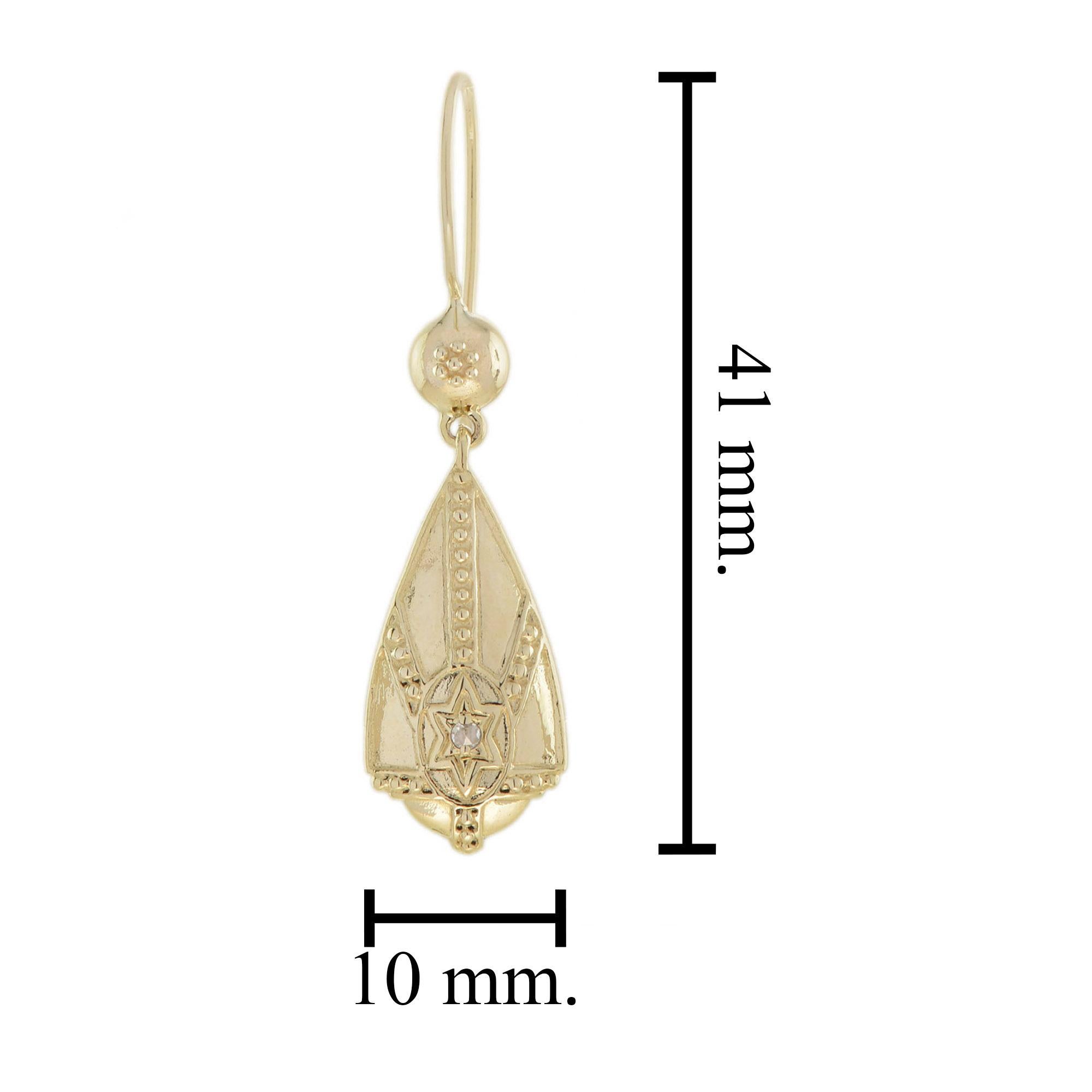 Round Cut Vintage Style Star Motif Diamond Drop Earrings in 9K Yellow Gold For Sale