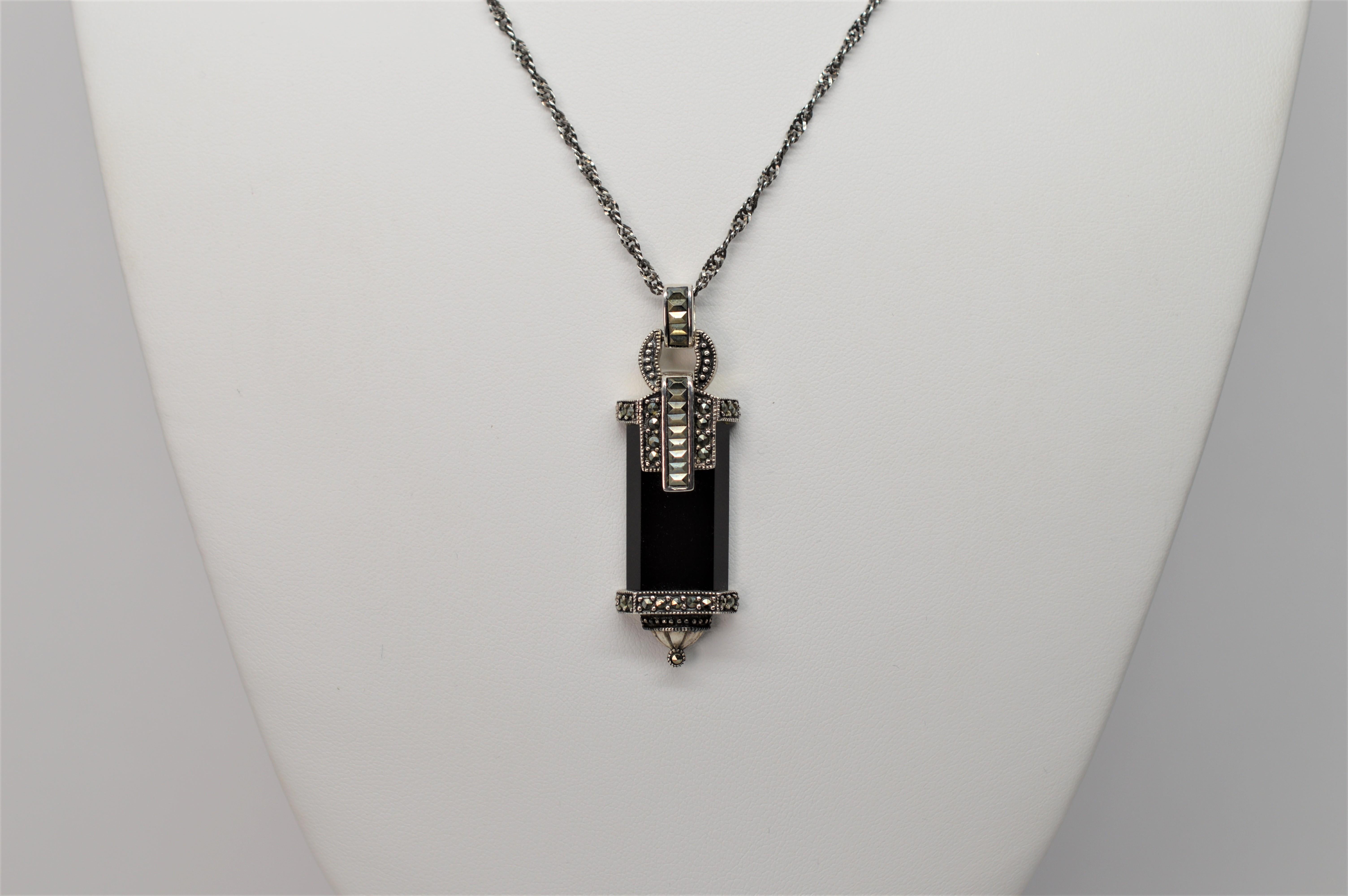 Vintage Style Sterling Silver Marcasite & Black Glass Pendant Necklace In Good Condition In Mount Kisco, NY