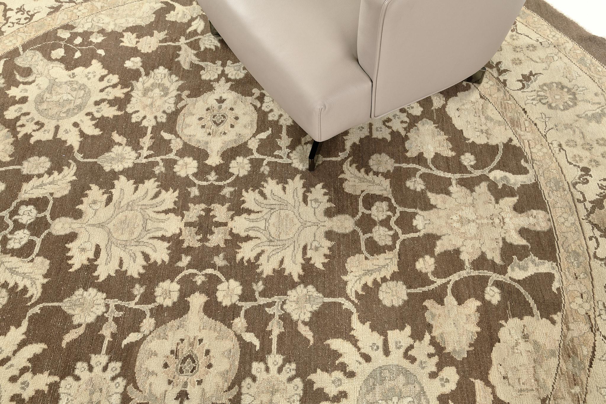 Series of magical vines and florid ornaments are reflected through brilliant embellishments to blooming and calming neutral fields. The borders are beautifully hand-woven that created from a vegetable dye to form an elegant Sultanabad Round Rug.