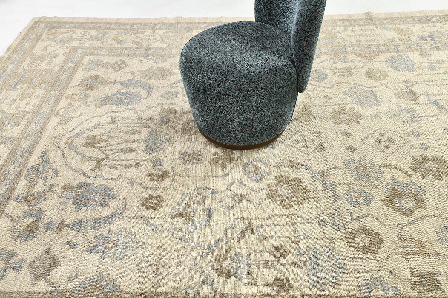 This enchanting hand-spun wool revival of Sultanabad rug has a gorgeous blooming pattern that makes the rug more interesting. Earthy tones are featured intricately even the smallest elements of the patterns and motifs. It looks edgy, fashionable,