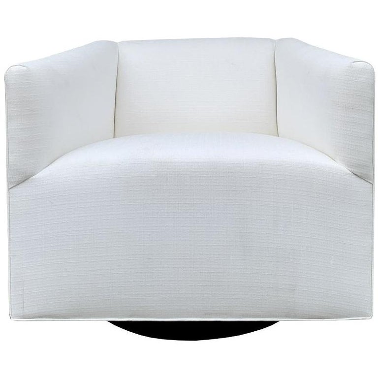 Vintage Style Swivel Chair In White Linen And Oak Base For Sale At 1stdibs