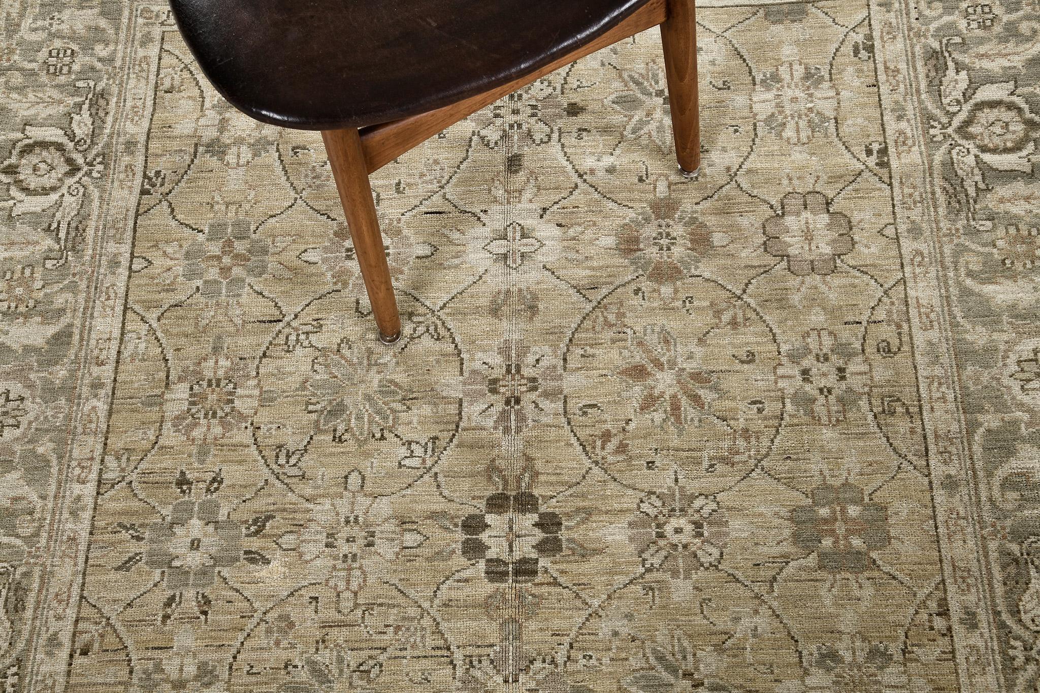 An exquisite Tabriz rug that will surely captivate your stylish mind. Florid and fern elements are scattered all over this masterpiece with a color combination of dusty blue, some whites, black outline, and cream field. Perfect for living room,