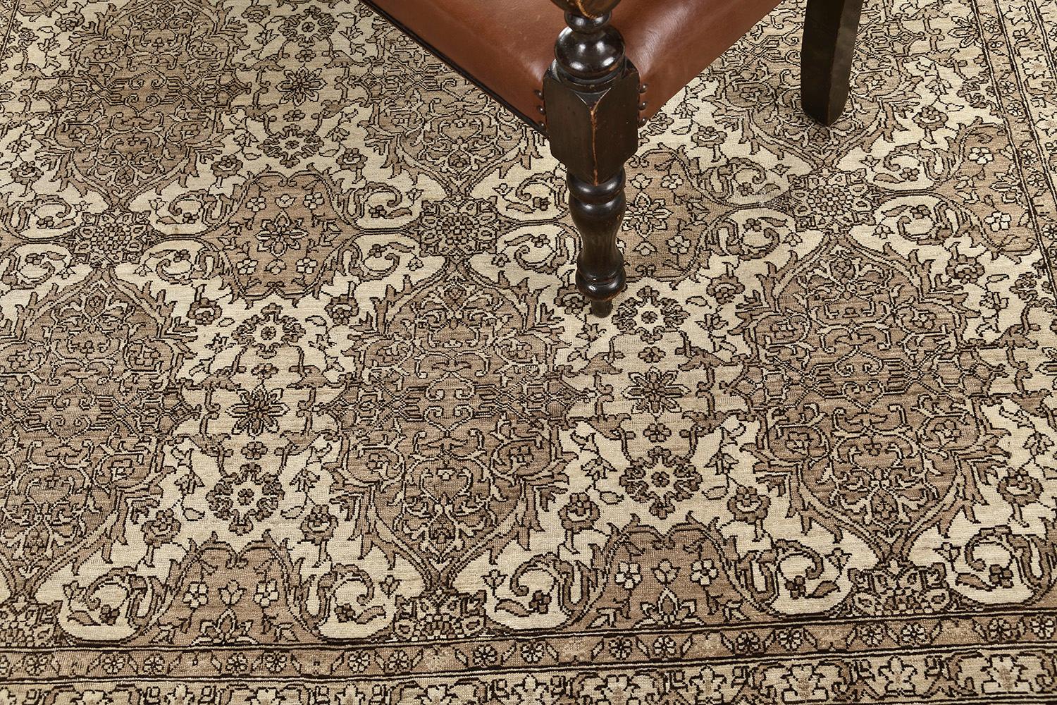 An excellent pile woven wool Khotan design re-creation from our collection has come and flexed its versatility.  Three grandiose medallions and scattered motifs in a muted sands and sky field dominate the entire pattern of the rug. Beautiful