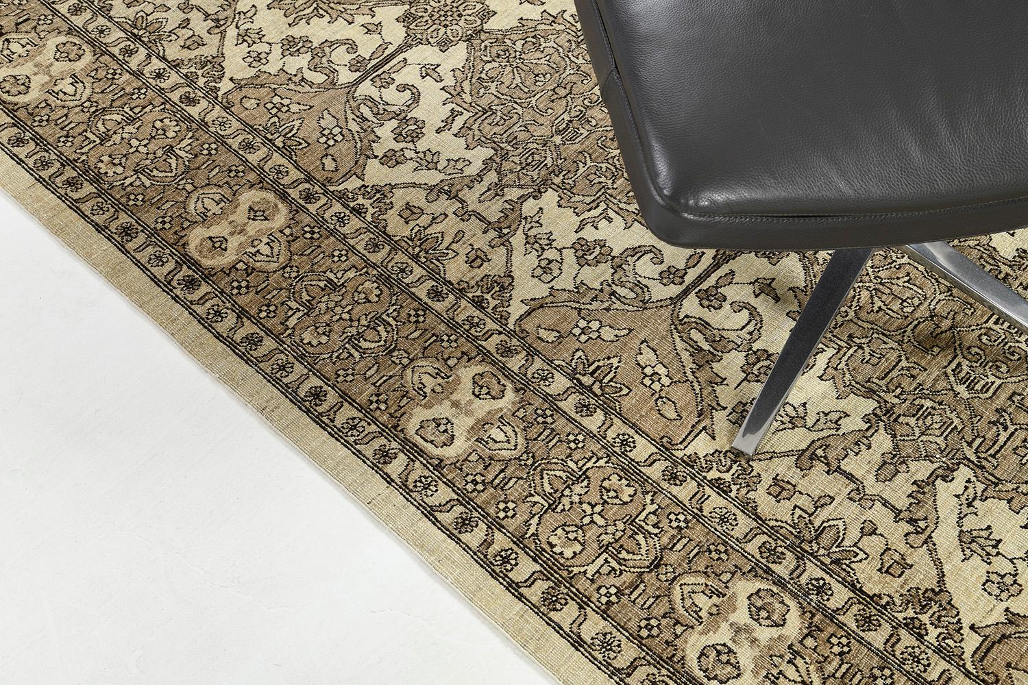 This amazing Tabriz Rug revival is hand-spun wool meticulously used in a vegetable dye. It is best to fit with royal-themed room ideas because of it. A combination of ivory and gold tones of all-over floral designs, leaves, and vines. From field to