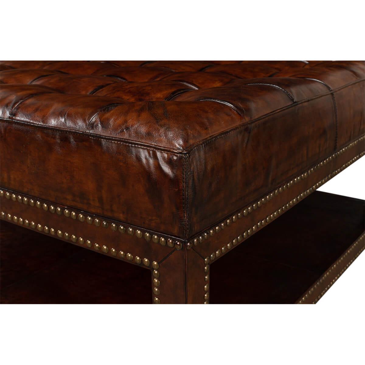 Vintage-Style Tufted Leather Ottoman For Sale 1