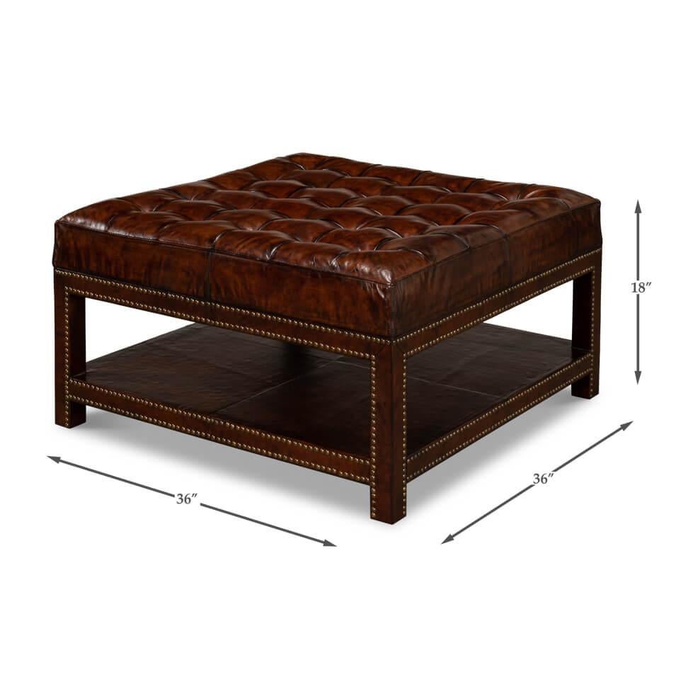 Vintage-Style Tufted Leather Ottoman For Sale 2