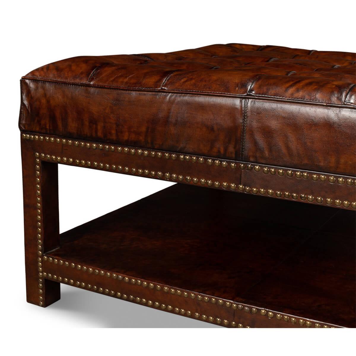 Chesterfield Vintage-Style Tufted Leather Ottoman For Sale