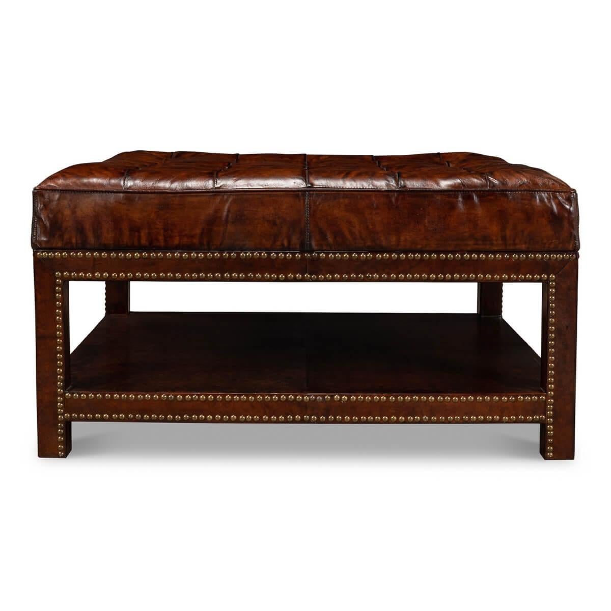 Asian Vintage-Style Tufted Leather Ottoman For Sale
